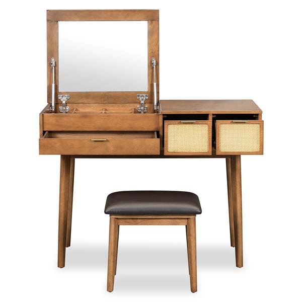 43.3" Classic Wood Makeup Vanity Set with Flip-top Mirror and Stool, Dressing Table with Three Drawers and storage space, Brown