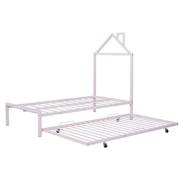 Twin Size Metal Platform Bed with twin size trundle,House-Shaped Headboard Design, Pink