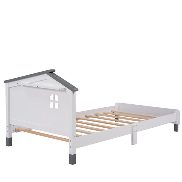 Twin Size Wood Platform Bed with House-shaped Headboard  (White+Gray)