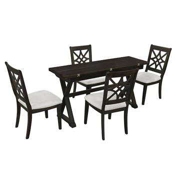 5-Piece 62*35.2inch Extendable Rubber Wood Dining Table Set with X-shape Legs,Console Table with Two 8.8Inch-Wide Flip Lids and Upholstered Dining Chairs ,Dark Walnut