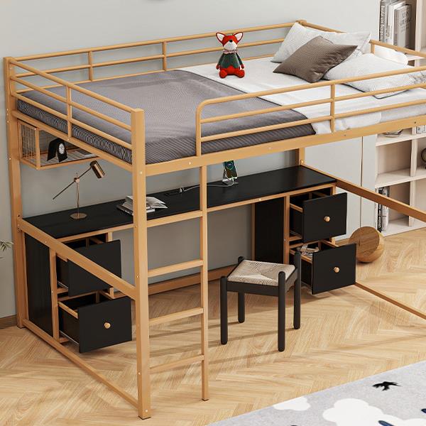 Full Size Metal Loft Bed with Desk, Drawers and Bedside Tray, Charging Station, USB and socket