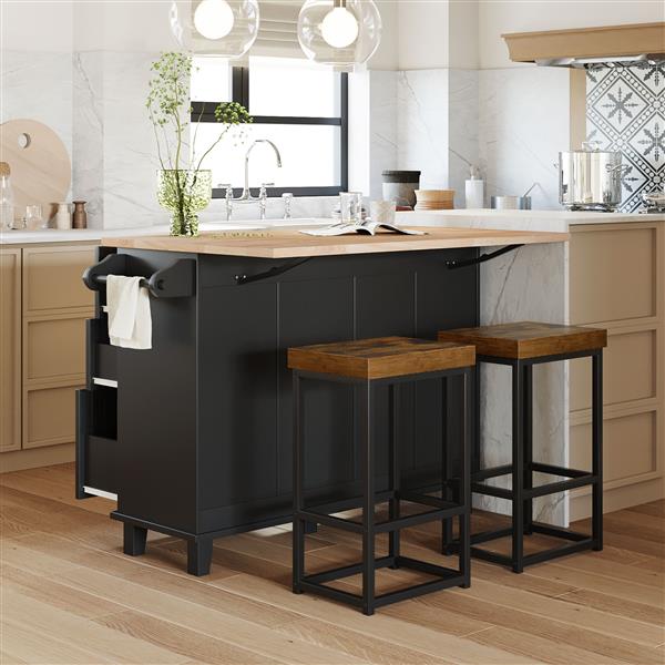 Farmhouse Kitchen Island Set with Drop Leaf and 2 Seatings,Dining Table Set with Storage Cabinet, Drawers and Towel Rack, Black+Rustic Brown