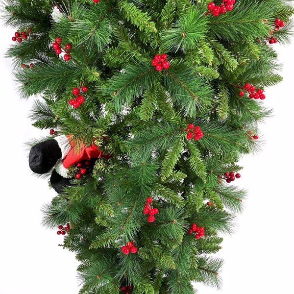 7.5 FT Upside Down Christmas Tree with Artificial Berries and Santa's Legs, PVC Pine Needles, Artificial Holiday Christmas Pine Tree