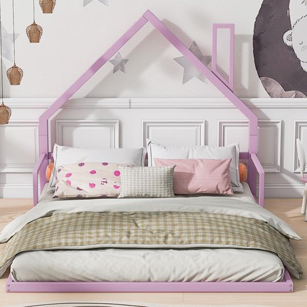 Full Size Metal Floor Bed with House-shaped Headboard, White