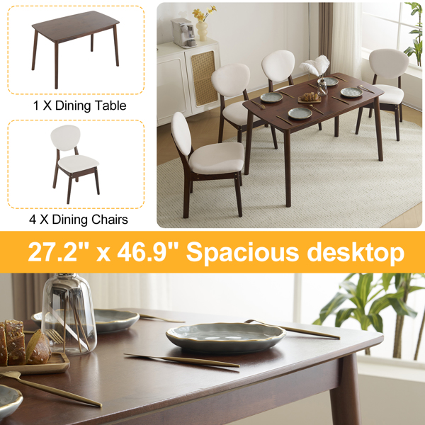 Rubber wood soft bag deep walnut dining table and chair set 1 table 4 chairs beige cushion rectangular