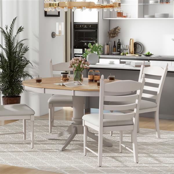 5-Piece Retro Functional Dining Table Set Wood Round Extendable Dining Table and 4 Upholstered Dining Chairs (Off White)