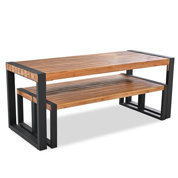 3-pieces Outdoor Dining Table With 2 Benches, Patio Dining Set With Unique Top Texture, Acacia Wood Top & Steel Frame, All Weather Use, For Outdoor & Indoor, Natural