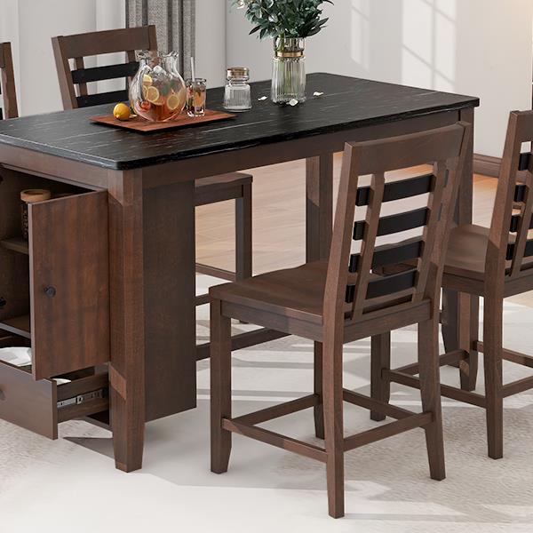 Counter Height 5-piece Dining Table Set with Faux Marble Tabletop, Solid Wood Table Set with Storage Cabinet and Drawer, Dark walnut