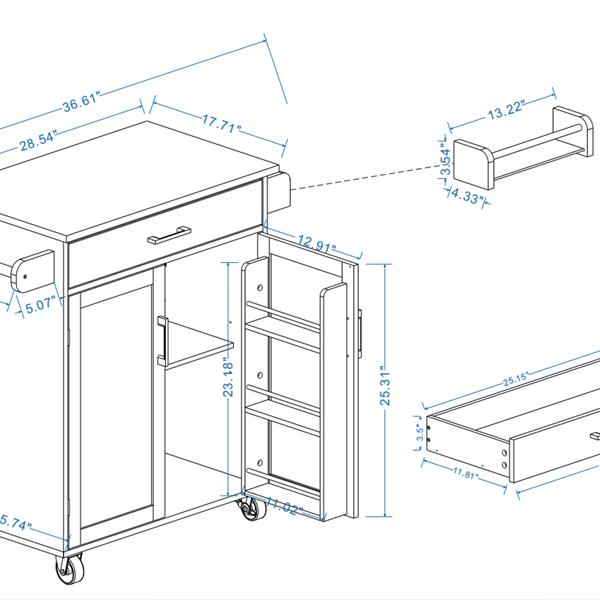 Kitchen island rolling trolley cart with 1 drawer & 2 doors with storage racks & Adjustable Shelves & towel rack & seasoning rack rubber wood table top-White