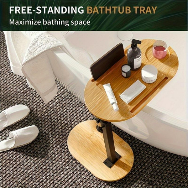 Adjustable height bamboo bathtub tray table, freestanding bathtub caddy tray for wall mounted bathtubs, bathtub side table for luxurious bathtubs, family hydrotherapy, and home heating