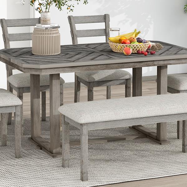 6-Piece Rubber Wood Dining Table Set with Beautiful Wood Grain Pattern Tabletop Solid Wood Veneer and Soft Cushion (Gray)