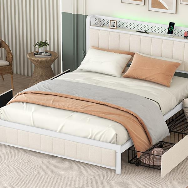 Queen Bed Frame with LED Headboard, Upholstered Bed with 4 Storage Drawers and USB Ports, Beige