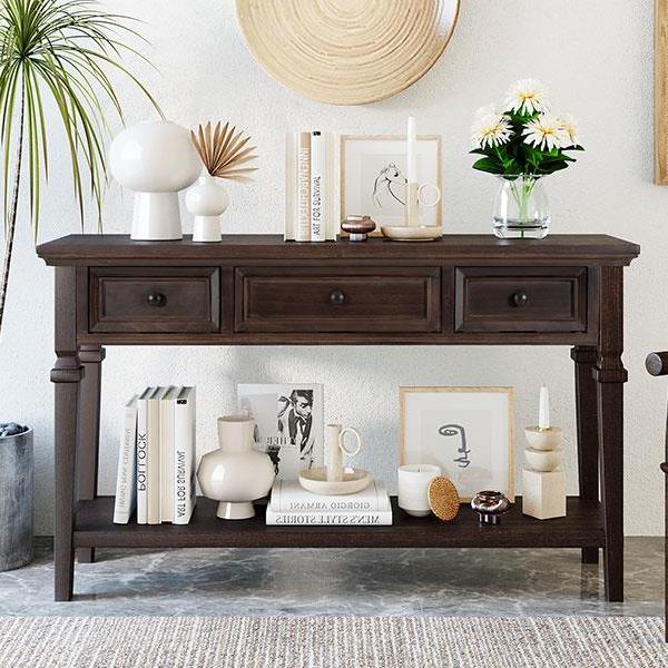 Classic Retro Style Console Table with Three Top Drawers and Open Style Bottom Shelf, Easy Assembly (Espresso)