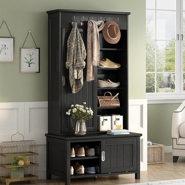 Multifunctional Hall Tree with Sliding Doors, Wooden Hallway Shoe Cabinet with Storage Bench and Shelves, Mudroom Coat Storage with Hanging Hooks for Entryways, Black