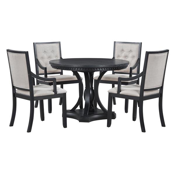 Retro 5-piece Dining Set Extendable Round Table and 4 Chairs for Kitchen Dining Room (BLACK OAK)