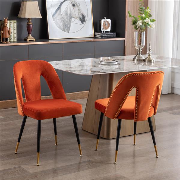 Furniture, Collection Modern | Contemporary Velvet Upholstered Dining Chair with Nailheads and ld Tipped Black Metal Legs, Orange，Set of 2