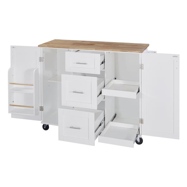 Rolling Kitchen Island with Storage, Kitchen Cart with Rubber Wood Top, 3 Drawer, 2 Slide-Out Shelf and Internal Storage Rack, Kitchen Island on Wheels with Spice Rack & Tower Rack, White