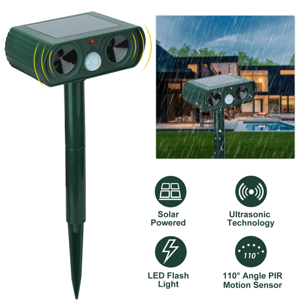 Ultrasonic Animal Repeller Solar Powered Motion Sensor Repellent IPX4 Waterproof Outdoor For Farm Garden Yard Repelling Deer Raccoon Cat Dog Rabbit Squirrel Bird