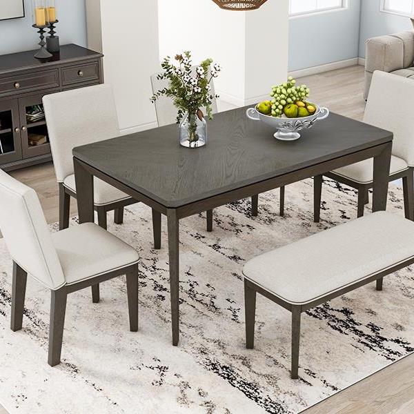 6-Piece Dining Table Set with Upholstered Dining Chairs and Bench,Farmhouse Style, Tapered Legs, Dark Gray+Beige