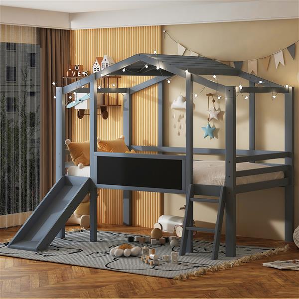 Twin Size Loft Bed with Ladder and Slide, House Bed with Blackboard and Light Strip on the Roof, Gray