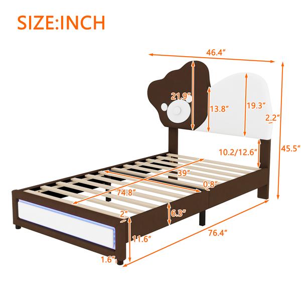 Twin Size Upholstered Platform Bed with Bear Shaped Headboard, LED Light Strips, White + Brown