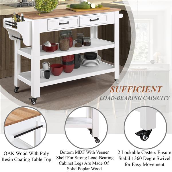 57 inch Rolling Kitchen Island with Storage,Kitchen Cart with Solid OAK Wood Top,Two-sided Kitchen island Cart on Wheels ,Wine and Spice Rack, Large Kitchen Cart with 2 Drawers, Milk White+Natural Top