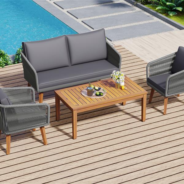 4-Piece Patio Conversation Set, Solid Wood Loveseat, 2 Chairs and Table, Outdoor Conversation Group with Cushions for Backyard, Poolside, Garden (Dark Grey Cushion + Grey Rope)