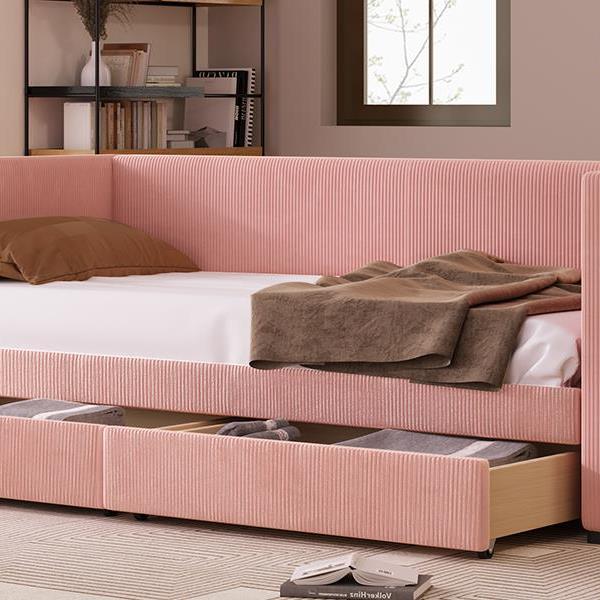 Twin Size Corduroy Daybed with Two Drawers and Wood Slat, Pink