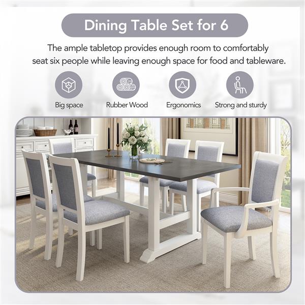 7-Piece Updated 76.9inch Extendable Trestle Dining Table Set with Removable Leaf, Kitchen Table Set with Upholstered Side Chair and Arm Chair, Set of 6, White