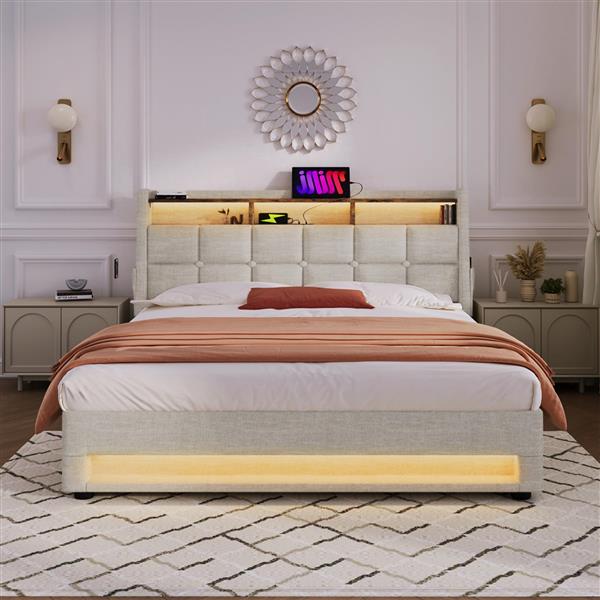 Queen size Upholstered Platform bed with a Hydraulic Storage System, LED and USB Charging, Natural (without mattress)