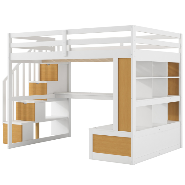 Full Size Loft Bed with Desk and Shelves, Two Built-in Drawers, Storage Staircase, White and Natural 