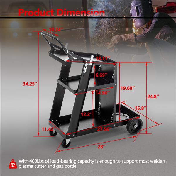 Welding Cart, 3-Tier Welder Cart Heavy Duty with 400Lbs Static Weight Capacity, 360° Swivel Wheels, Tank Storage Safety Chains, Rolling MIG Welder Cart for TIG, ARC, MMA Welding Machine