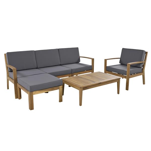 6-Piece Acacia Wood Frame Patio Sectional Sofa Set with Coffee Table and Removable Cushion for Garden Backyard Patio and Poolside(Grey)