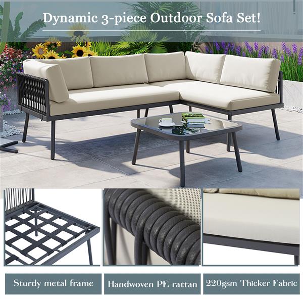 Modern Outdoor 3-Piece PE Rattan Sofa Set All Weather Patio Metal Sectional Furniture Set with Cushions and Glass Table for Backyard, Poolside, Garden,Black,L-Shaped