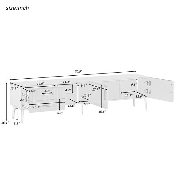 Modern TV Stand with 5 Champagne legs - Durable, stylish, spacious, versatile storage TVS up to 77" (White)