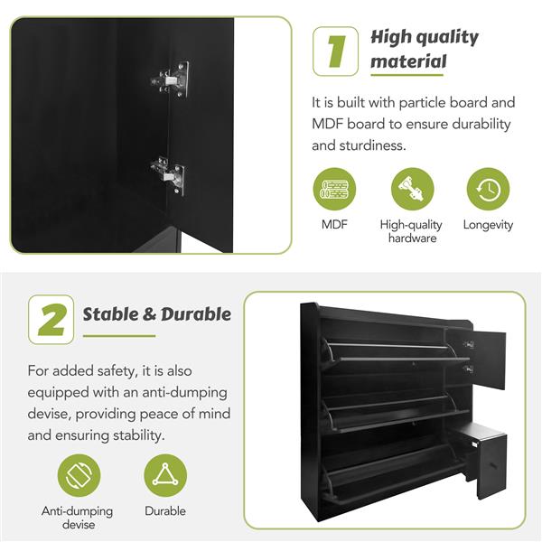 Versatile Shoe Cabinet with 3 Flip Drawers, Maximum Storage Entryway Organizer with Drawer, Free Standing Shoe Rack with Pull-down Seat for Hallway, Black