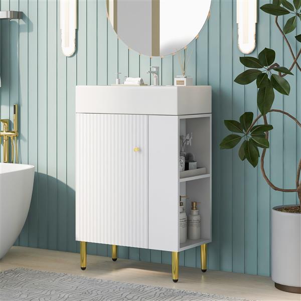 21.6" white Bathroom vanity, Combo Cabinet, Bathroom Storage Cabinet, Single Ceramic Sink, Right side storage