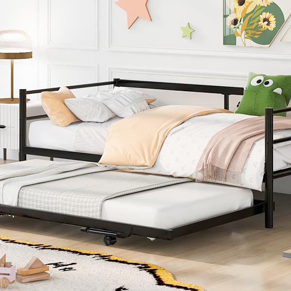 Twin Size Metal Daybed with Adjustable Trundle, Pop Up Trundle, Black