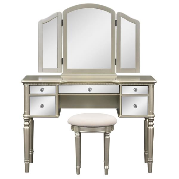 43" Dressing Table Set with Mirrored Drawers and Stool, Tri-fold Mirror, Makeup Vanity Set for Bedroom, Gold