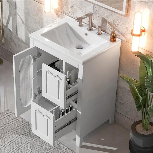 24" Bathroom Vanity with Sink, Bathroom Vanity Cabinet with Two Drawers and Door, Adjustable Shelf, Solid Wood and MDF, White