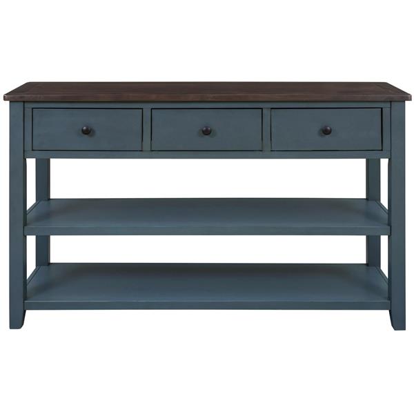 Retro Design Console Table with Two Open Shelves, Pine Solid Wood Frame and Legs for Living Room (Navy)