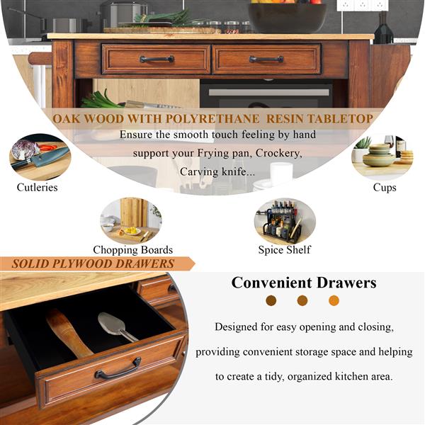 57 inch Rolling Kitchen Island with Storage,Kitchen Cart with Solid OAK Wood Top,Two-sided Kitchen island Cart on Wheels ,Wine and Spice Rack, Large Kitchen Cart with 2 Drawers, Walnut+Natural Top