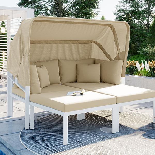 3-Piece Patio Daybed with Retractable Canopy Outdoor Metal Sectional Sofa Set Sun Lounger with Cushions for Backyard, Porch, Poolside, Beige