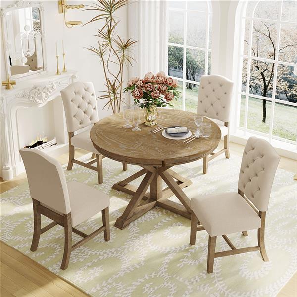 Functional Furniture Retro Style Dining Table Set with Extendable Table and 4 Upholstered Chairs for Dining Room and Living Room(Natural Wood Wash)