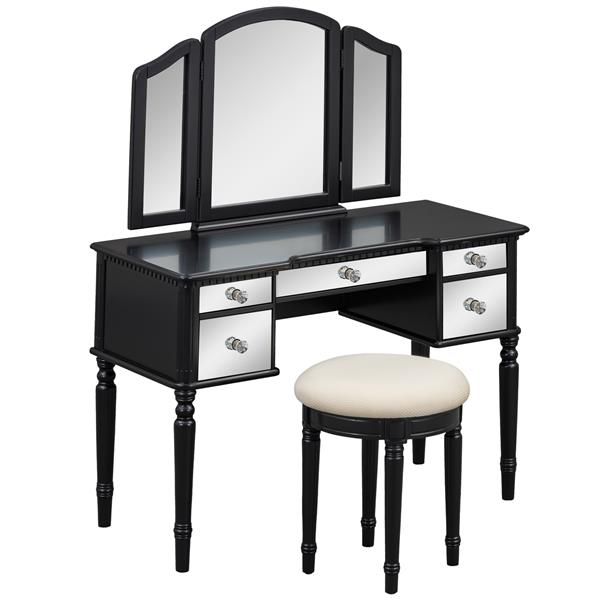 43" Dressing Table Set with Mirrored Drawers and Stool, Tri-fold Mirror, Makeup Vanity Set for Bedroom, Black