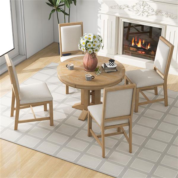 5-Piece Dining Set Extendable Round Table and 4 Upholstered Chairs Farmhouse Dining Set for Kitchen, Dining Room(Natural Wood Wash)