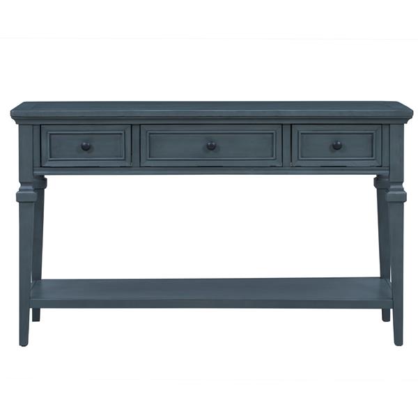 Classic Retro Style Console Table with Three Top Drawers and Open Style Bottom Shelf, Easy Assembly (Navy)