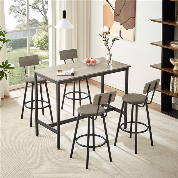 Pub High Dining Table 5 Piece Set, Industrial Style Pub Table, 4 PU Leather Bar Chairs for Kitchen Breakfast Table, Living Room, Bar, Rustic Grey, 47.2″L x 23.6"W x 35.4"H