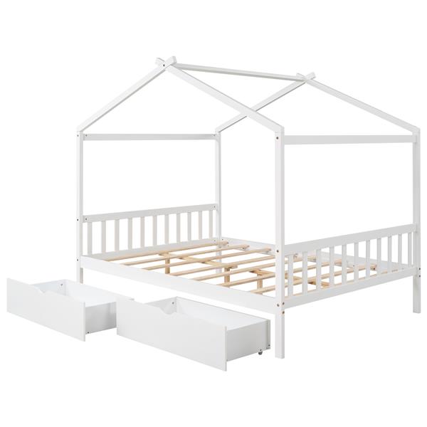 Full Size House Platform Bed with Two Drawers,Headboard and Footboard,Roof Design,White