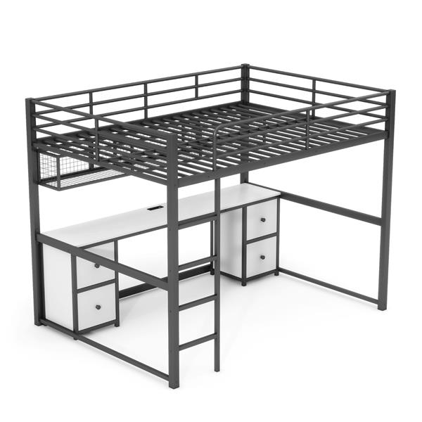 Full Size Metal Loft Bed with Desk, Drawers and Bedside Tray, Charging Station, USB and socket